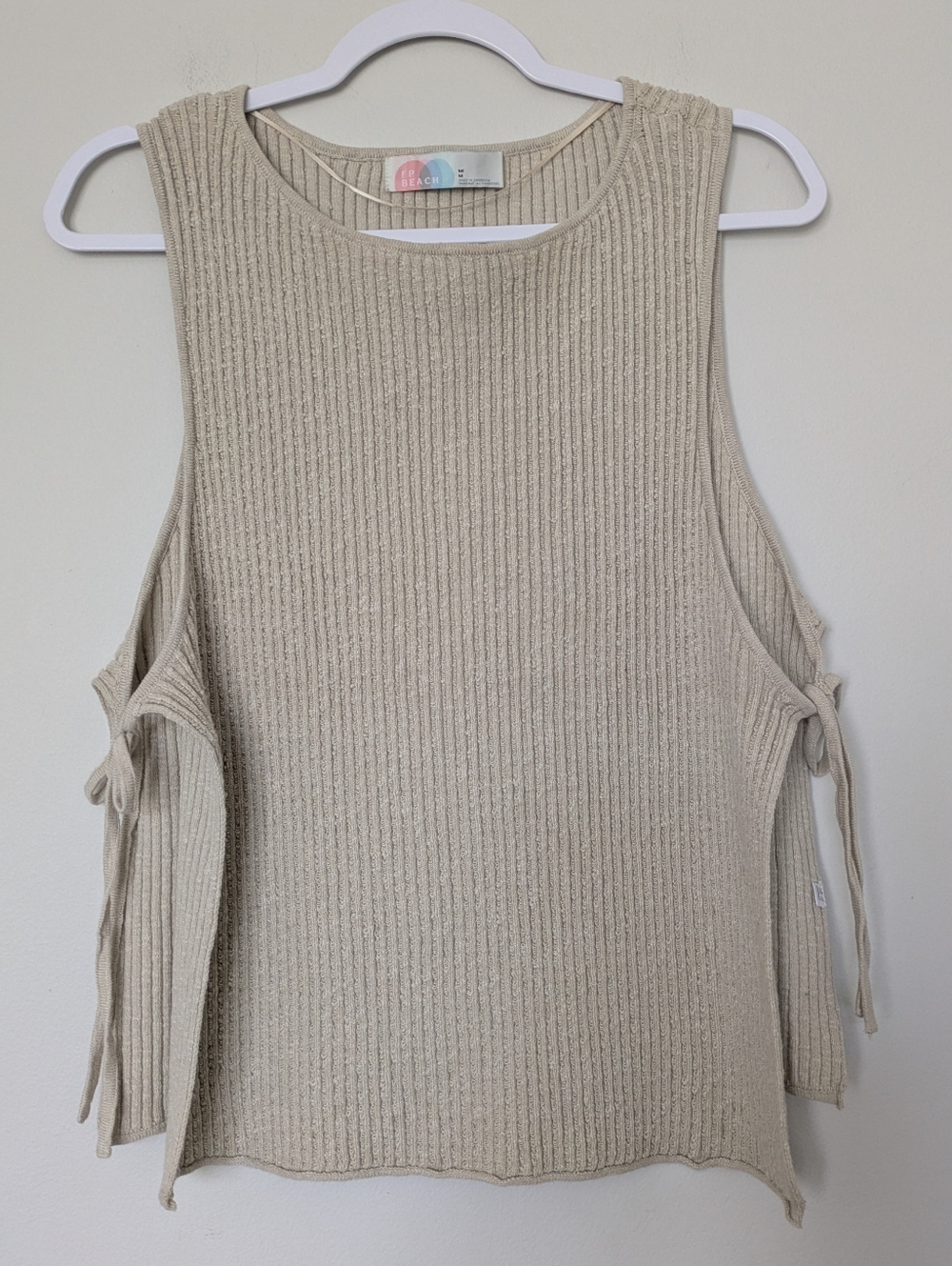 Free People Beach Ribbed Open Tie-Side Sleeveless Top in Beige Sz M